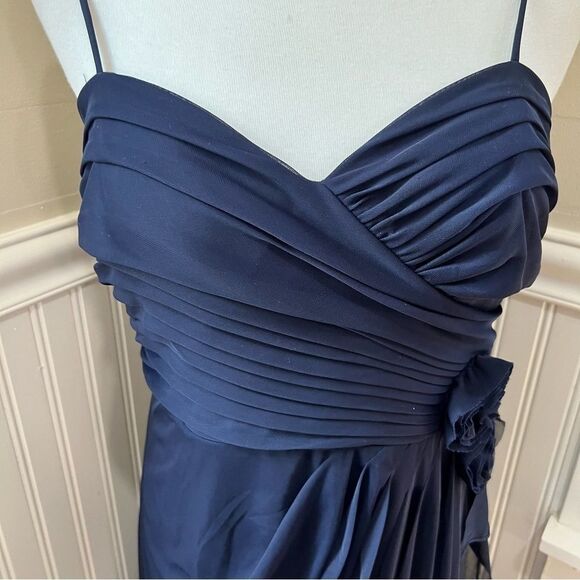 Camille La Vie Evening Gown Navy Draped w/ Fabric Flowers Size 14 - Picture 8 of 11